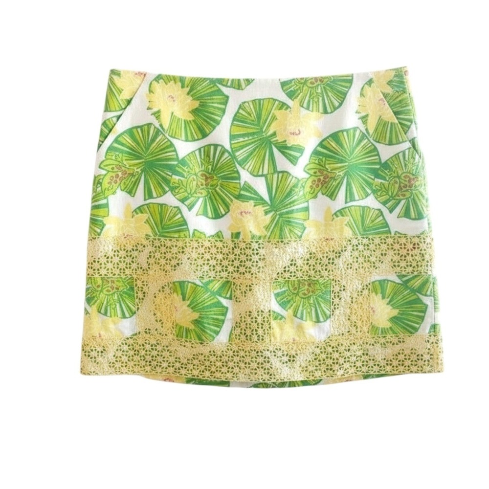 RARE Lilly Pulitzer Hip Hop Horray Lily Pad Green Yellow Cotton Skirt 8